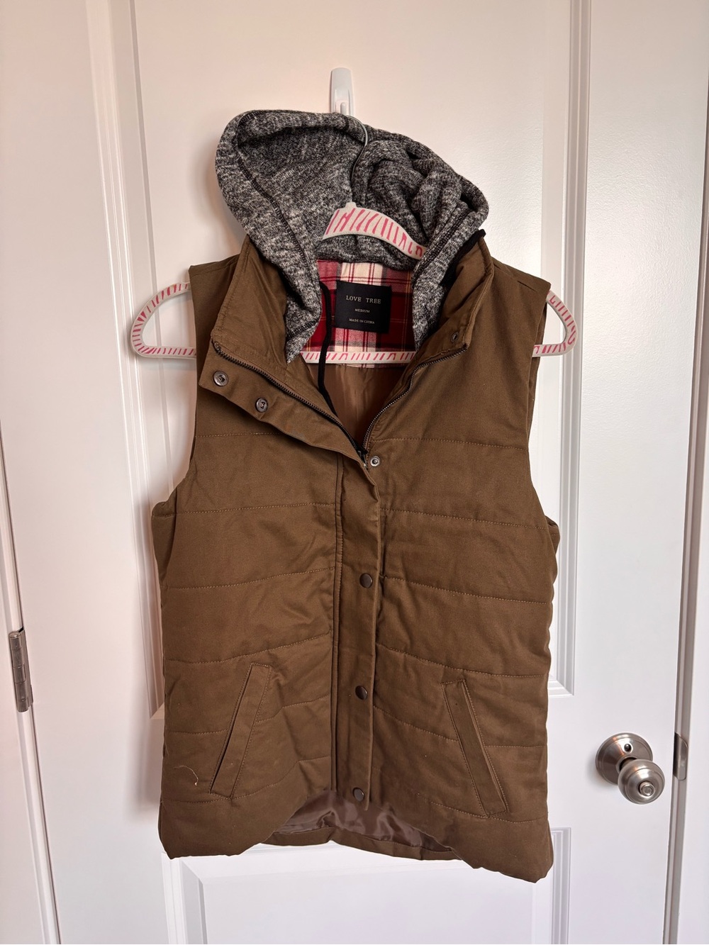Love Tree Green Brown Quilted Hooded Vest